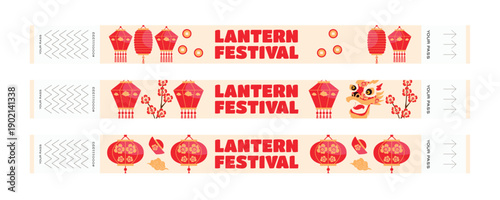 Set of entry pass wristbands for Chinese Lantern Festival with Chinese lanterns, coins, money, dragon, headwear, clouds and plum blossom meihua