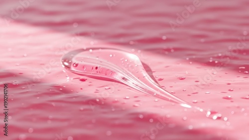 Close up of transparent gel droplet on a pink rippled textured surface