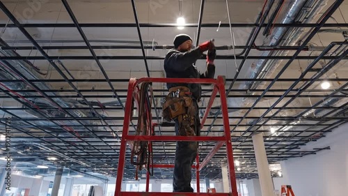A construction worker on a scissor lift installing lighting in a large commercial building video
