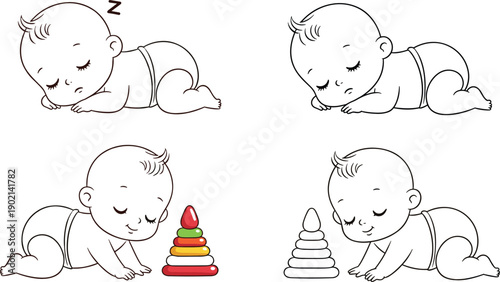 Cartoon baby illustration showing sleeping and playing poses, colorful stacking toy design with outline and monochrome versions for children graphics