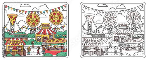 Cartoon pizza-themed amusement park with rides and booths with joyful kids playing Colored and black-and-white outline for coloring book page vector illustration