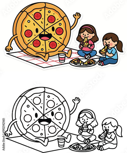 A happy cartoon pizza mascot enjoys a picnic with two girls while they consume colored and black and white slices