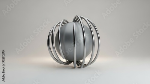 Abstract metal sphere cage artwork against a neutral background