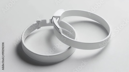 A close-up shows two intertwined, simple, white ring-shaped objects set on a clean white surface with softly cast shadows