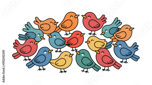 A colorful illustration of a group of birds standing together in a circle, showcasing their vibrant feathers and playful personalities.