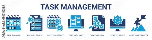 Task Management web banner icon vector illustration concept with icon of task planner, priority tasks, weekly schedule, timeline chart, task overview, status update, and milestone tracker.