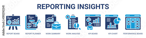 Reporting Insights web banner icon vector illustration concept with icon of report board, report planner, work summary, work analysis, kpi board, kpi chart, and performance board.