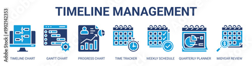 Timeline Management web banner icon vector illustration concept with icon of timeline chart, gantt chart, progress chart, time tracker, weekly schedule, quarterly planner, and midyear review.
