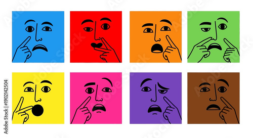 Eight colorful squares each featuring a cartoon face with a finger touching its nose or mouth, expressing different emotions.