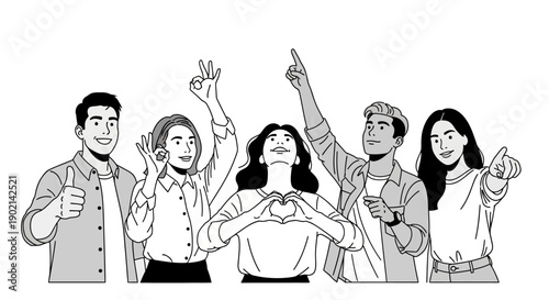 A diverse group of young adults expressing positivity and joy with gestures and smiles.