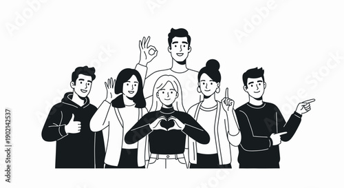 A diverse group of young adults posing together, showcasing positive gestures and expressions.