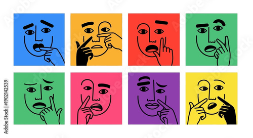 Collection of eight colorful square panels, each featuring a minimalist illustration of a face with a finger touching or pointing to its features, conveying various emotions and states of mind.