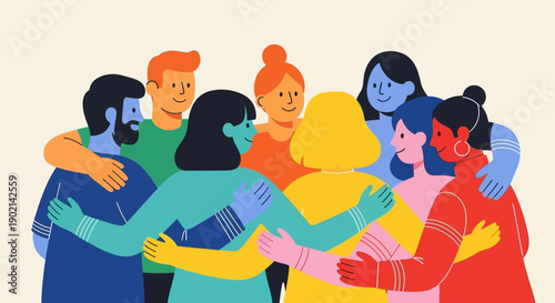 A diverse group of people of different genders and ethnicities are hugging each other in a circle, symbolizing unity and togetherness.