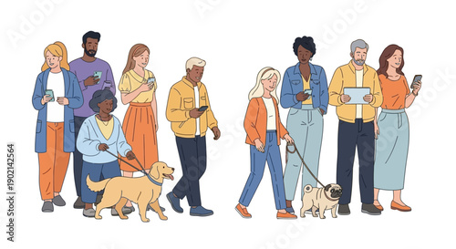 Diverse group of people of various ages and ethnicities walking with their dogs in an outdoor setting.