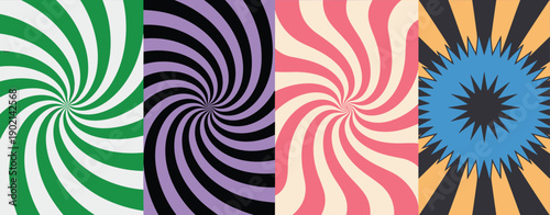 Abstract psychedelic swirl backgrounds with vibrant green and white radial stripes creating dynamic optical illusion