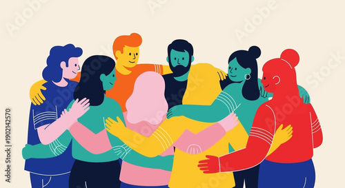 A diverse group of people embracing each other in a circle, symbolizing unity, community, and support.
