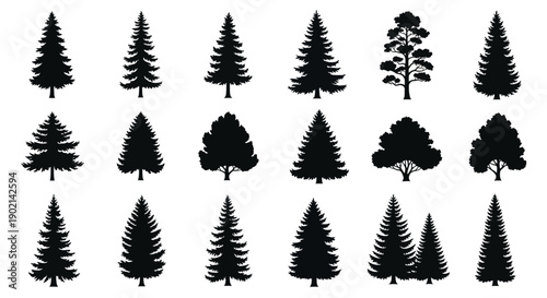 A collection of various black tree silhouettes, including different types of pine, fir, and other conifer and deciduous trees, isolated on a white background.