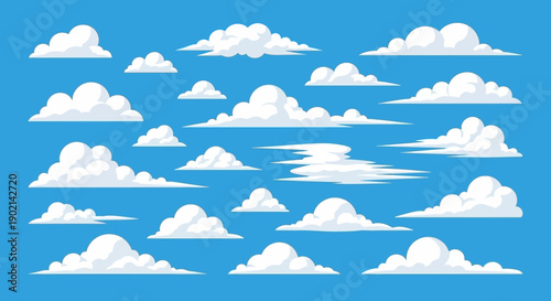 Collection of various cartoon white clouds floating in a bright blue sky, illustrating different weather elements and atmospheric conditions.
