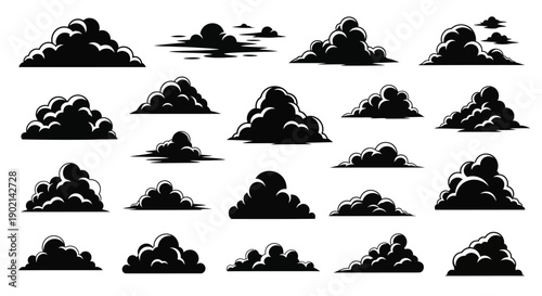 A collection of various black and white illustrations of different types of clouds, presented in a grid layout.