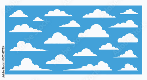 A collection of various white cartoon clouds floating in a clear blue sky, illustrating weather and atmosphere.