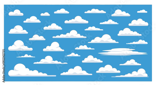 A collection of various cartoon-style white clouds against a clear blue sky, illustrating different shapes and sizes of cumulus and stratocumulus formations.