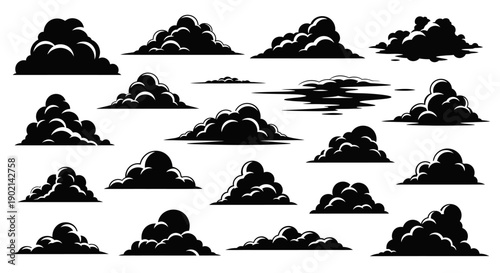 Collection of various black and white cloud shapes, including storm, cumulus, and wispy formations, isolated on a white background.
