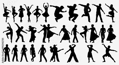 A diverse collection of black silhouettes depicting various dance poses and athletic movements.