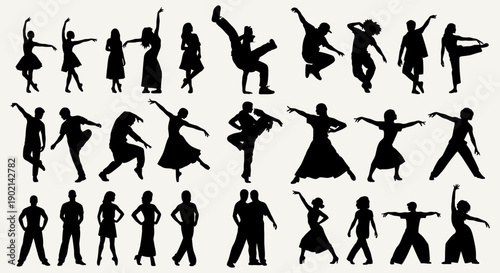 A collection of black silhouettes of people in various dynamic dance poses against a white background.