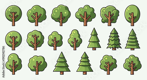 A collection of various cartoon-style green trees, including deciduous and evergreen conifers, depicted with simple outlines and flat colors.
