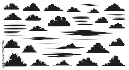 Collection of black cloud silhouettes with some featuring speed lines for motion effect.
