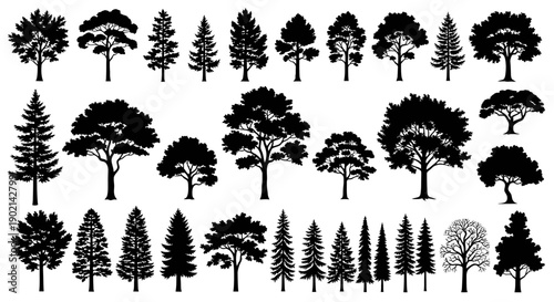 Collection of diverse tree silhouettes, showcasing various species and shapes in black against a white background.