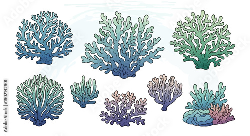 A collection of diverse and colorful coral formations, showcasing intricate branching structures and vibrant hues, set against a soft, ethereal background.