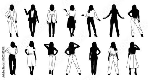 Collection of diverse female fashion silhouettes showcasing various outfits and poses.