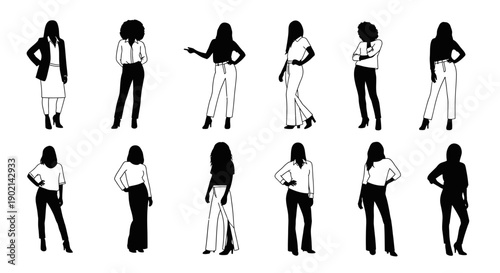 Collection of diverse female silhouettes in various fashionable outfits, showcasing different poses and styles.