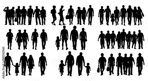 Collection of diverse silhouettes of people walking in groups and individually, representing various social interactions and everyday life scenes.