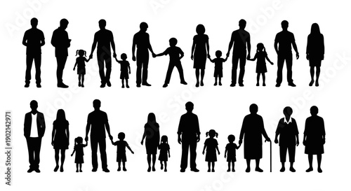 Black silhouettes of various people, including families, adults, children, and seniors, standing in rows.