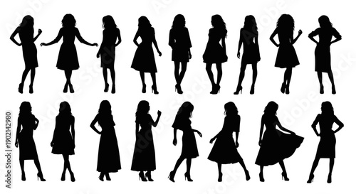 Collection of black silhouettes of women in various poses and dresses, suitable for graphic design.
