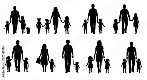 Silhouettes of various family structures walking together, depicting parents and children in different configurations on a white background.