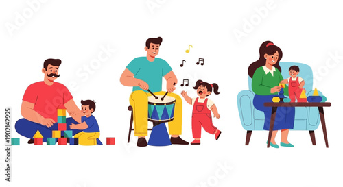 Parents and children engaging in various playful activities, including building blocks, playing drums, and stacking toys.