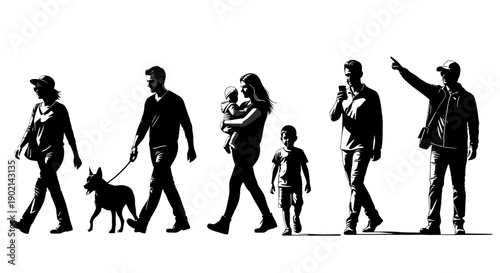 Silhouettes of diverse people and a dog walking in a line against a white background.