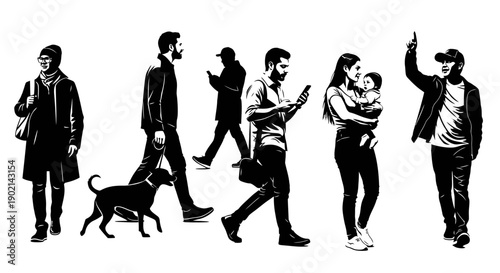 A diverse group of people and a dog are depicted in a black and white illustration, walking and interacting.