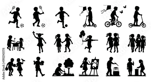 Collection of Silhouettes Depicting Children Engaged in Various Activities Such as Playing Sports, Riding Scooters, and Interacting Socially.