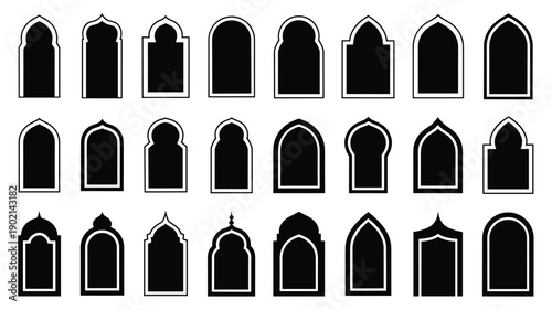 Minimalist islamic arch frames set with white outline on black background for elegant mosque window design projects
