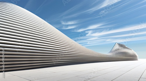 Futuristic White Curved Architectural Building Under Blue Sky with Wispy Clouds