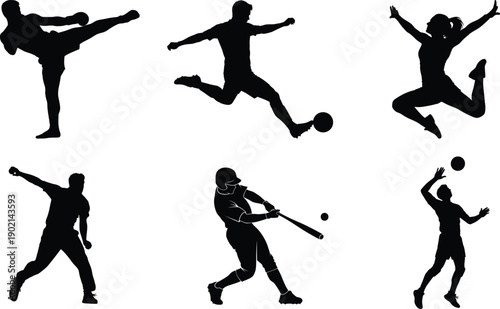 Collection of six black silhouettes depicting various sports poses