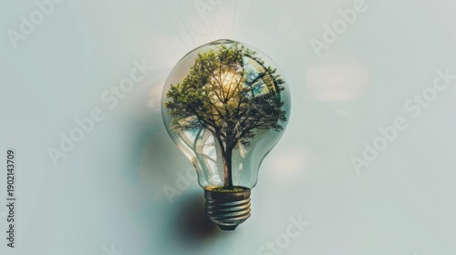 Glass Light Bulb with Tree Reflection Artistic Eco Concept Bright Natural Lighting