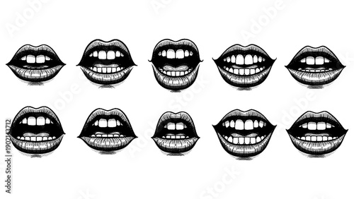 Collection of various smiling mouths with teeth