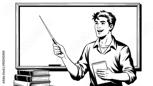 A smiling teacher standing in front of a whiteboard, holding a pointer and a notebook.