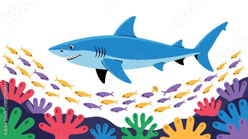 A cartoon blue shark swims through a school of small fish near colorful coral reef underwater