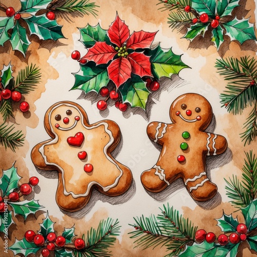 Christmas gingerbread cookies with holiday decorations
